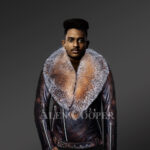 Coffee leather jacket with Crystal fox fur collar for men with model
