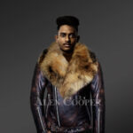 Coffee leather jackets with raccoon fur collar and stylish belt With Model
