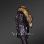 Coffee leather jackets with raccoon fur collar and stylish belt side view