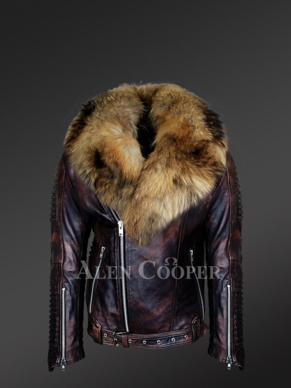 Coffee leather jackets with raccoon fur collar new