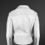 Extremely chic and fashionable white leather Jacket for women back side view