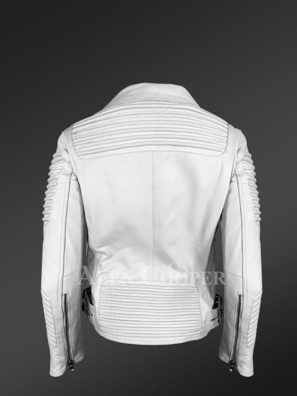 Extremely chic and fashionable white leather Jacket for women back side view