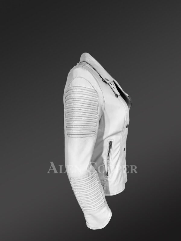 Extremely chic and fashionable white leather Jacket for women side view