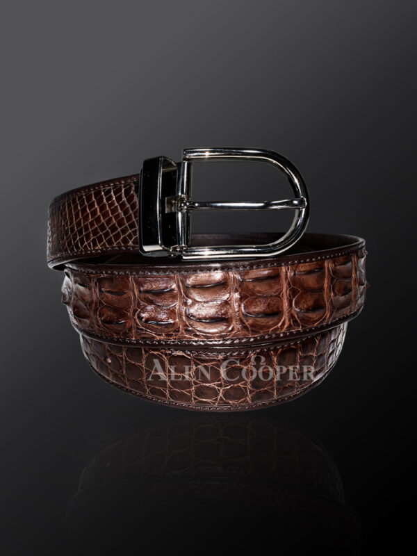 Genuine alligator skin leather belt in brown with metal buckle (1)
