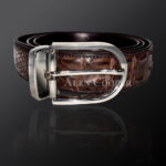 Genuine alligator skin leather belt in brown with metal buckle