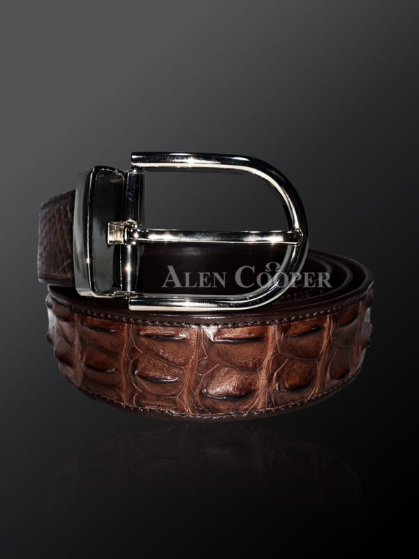 Genuine alligator skin leather belt in brown with metal buckle (2)