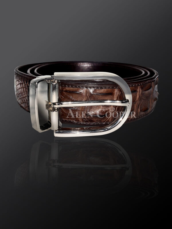 Genuine alligator skin leather belt in brown with metal buckle