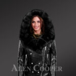 Ladies’ black leather jacket with authentic fur collar