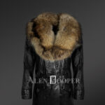 Long leather jacket in black for women with detachable raccoon fur collar