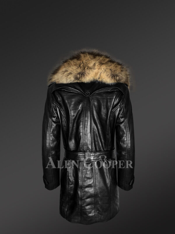 Long leather jacket in black for women with detachable raccoon fur collar back side view