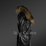 Long leather jacket in black for women with detachable raccoon fur collar side view