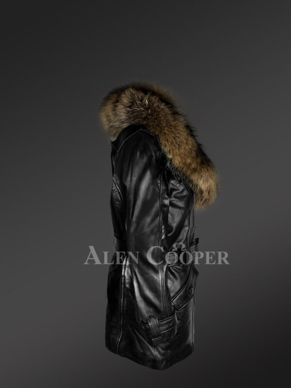 Long leather jacket in black for women with detachable raccoon fur collar side view