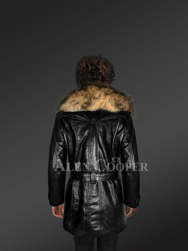 Long leather jacket in black for women with detachable raccoon fur collar with Model back side view