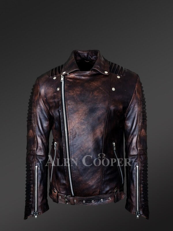 Mens Italian-Finish Leather Jacket In Coffee With In-Built Belt