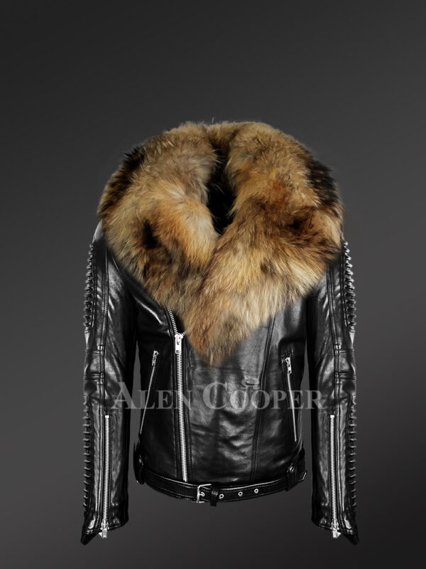 Mens leather jacket with chic Finn raccoon fur collar