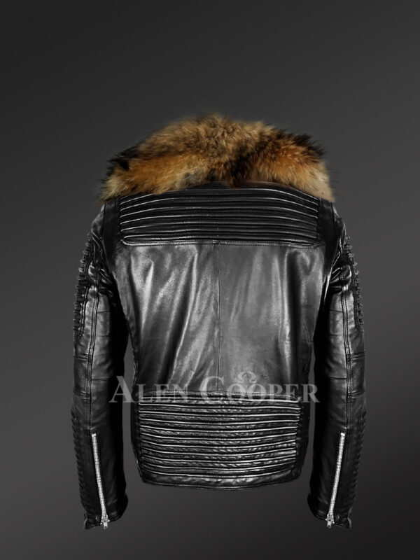 Men’s leather jacket with chic Finn raccoon fur collar back side view