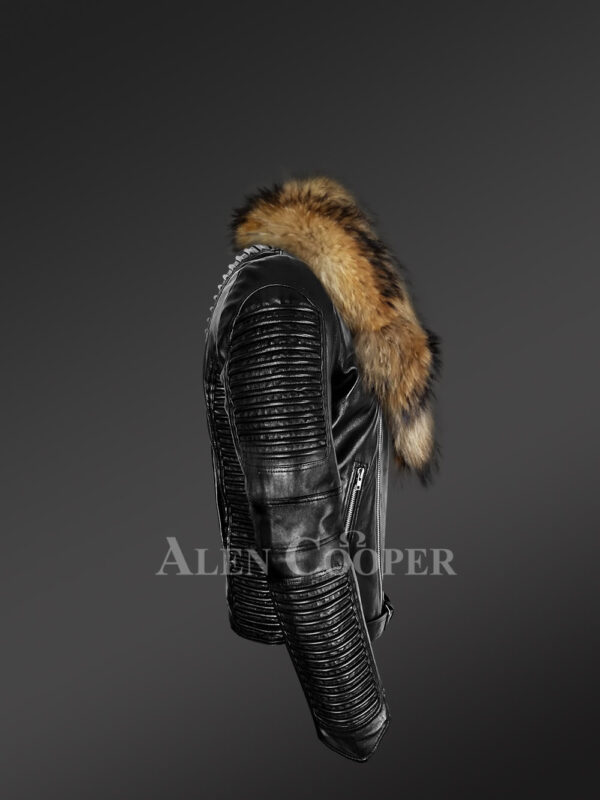 Men’s leather jacket with chic Finn raccoon fur collar side view