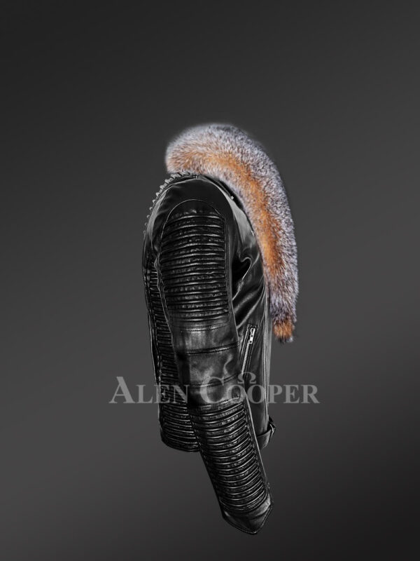 Plush Leather Jackets for men with pure fox fur collar side view