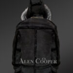 Chic shearling jacket with authentic fur hood for men 1 Back Side view