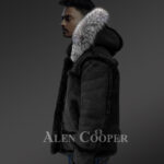 Chic shearling jacket with authentic fur hood for men 1 side view
