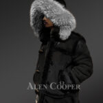 Chic shearling jacket with authentic fur hood for men 1 side views