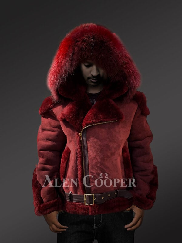 Mens lambskin jacket with fox fur hood and leather belt New