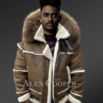 Plush shearling jacket with fur hood for tasteful mens New 1