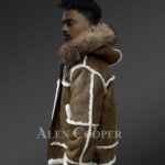 Plush shearling jacket with fur hood for tasteful mens New 1 Side view