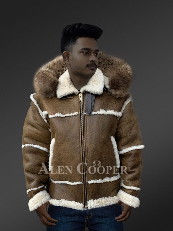Plush shearling jacket with fur hood for tasteful mens New 2