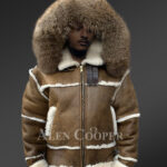 Plush shearling jacket with fur hood for tasteful mens New 3