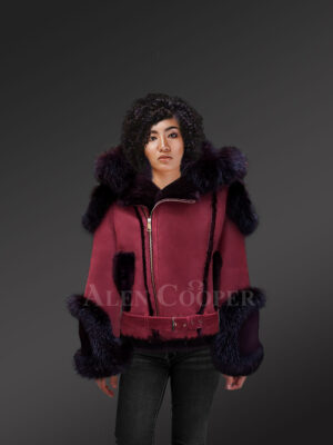 Women’s wine suede-finish shearling jacket with fox fur