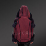 Women’s wine suede-finish shearling jacket with fox fur back side view