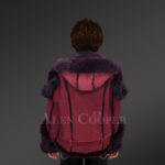 Women’s wine suede-finish shearling jacket with fox fur backsideview