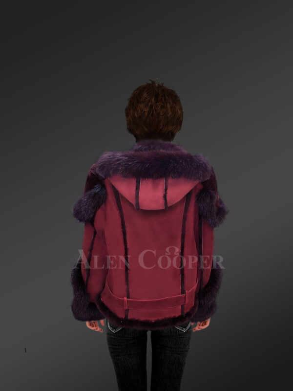 Women’s wine suede-finish shearling jacket with fox fur backsideview