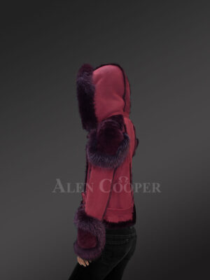 Women’s wine suede-finish shearling jacket with fox fur side view
