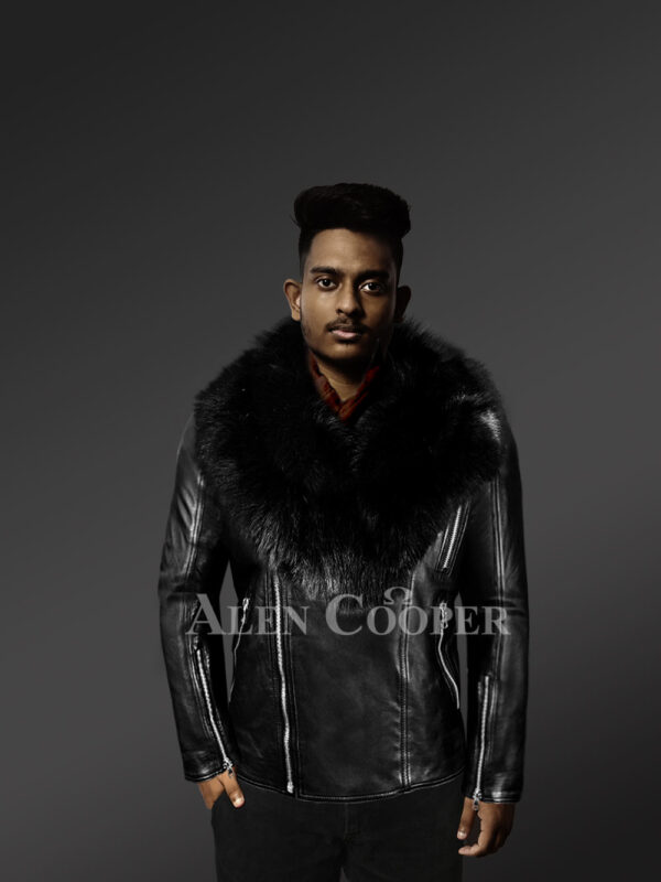 Black-Motorcycle-Leather-Jacket-With-Fox-Fur-Collar With Model