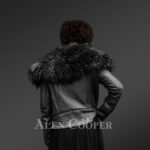 Black leather jacket with removable fur collar for stylish women back side view