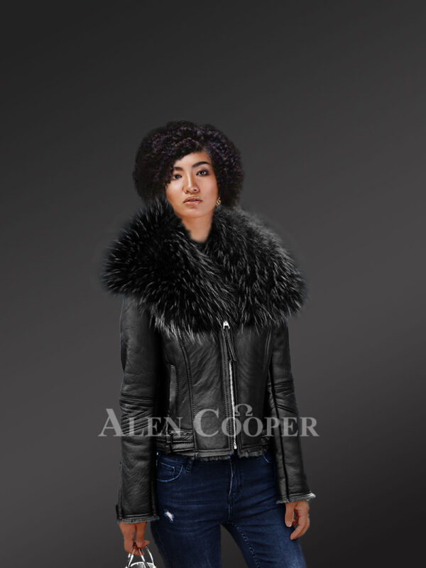 Black leather jacket with removable fur collar for stylish women new