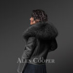 Black leather jacket with removable fur collar for stylish women side view