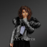 Black leather jacket with removable fur collar for stylish womens