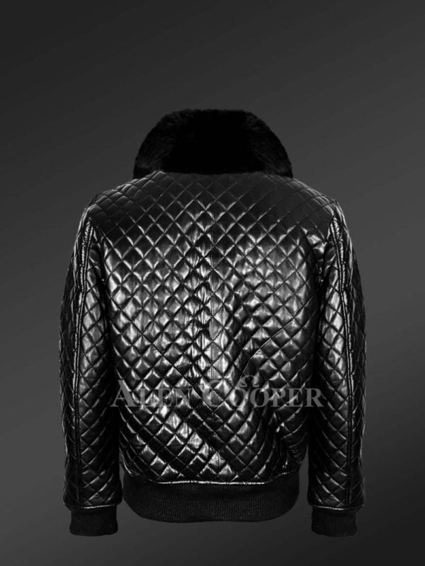 Leather Quilted Bomber Jacket With Fox Fur Collar Back side view