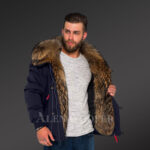 Parka bomber in Navy with Finn raccoon fur hood and frontline for stylish men