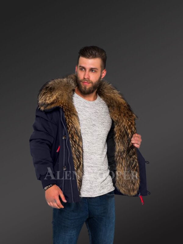 Parka bomber in Navy with Finn raccoon fur hood and frontline for stylish men