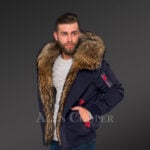 Parka bomber in Navy with Finn raccoon fur hood and frontline for stylish men side view