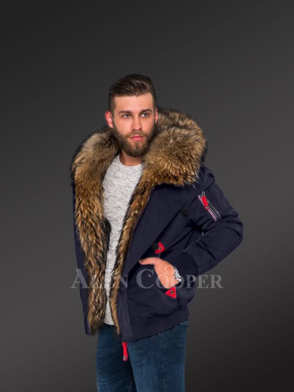 Parka bomber in Navy with Finn raccoon fur hood and frontline for stylish men side view