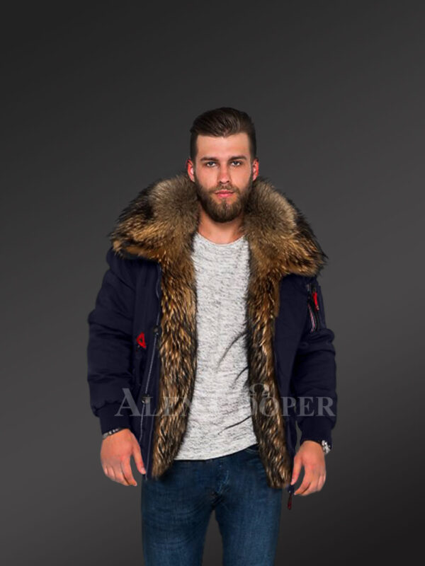 Parka bomber in Navy with Finn raccoon fur hood and frontline for stylish men view