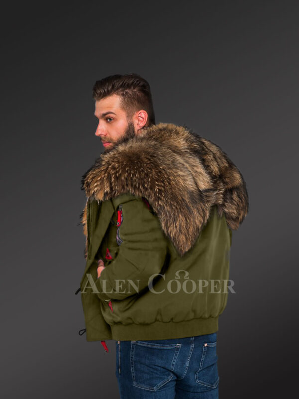 Stylish parka bombers in green with fur collar and frontline for appealing men Back side view