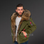 Stylish parka bombers in green with fur collar and frontline for appealing men side view