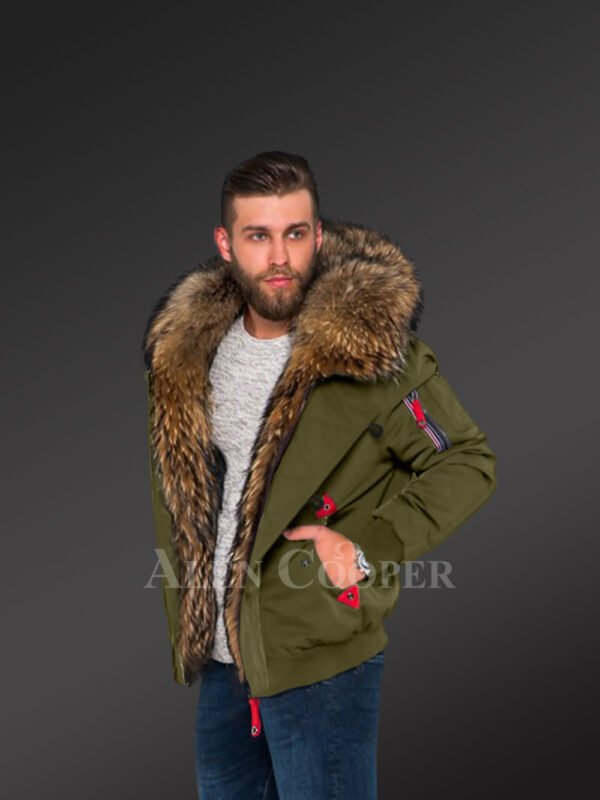 Stylish parka bombers in green with fur collar and frontline for appealing men side view