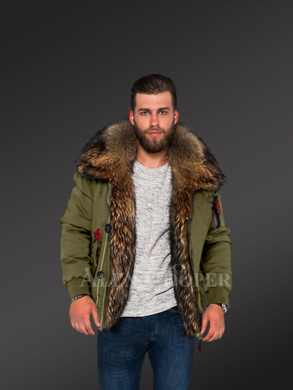 Stylish parka bombers in green with fur collar and frontline for appealing men view